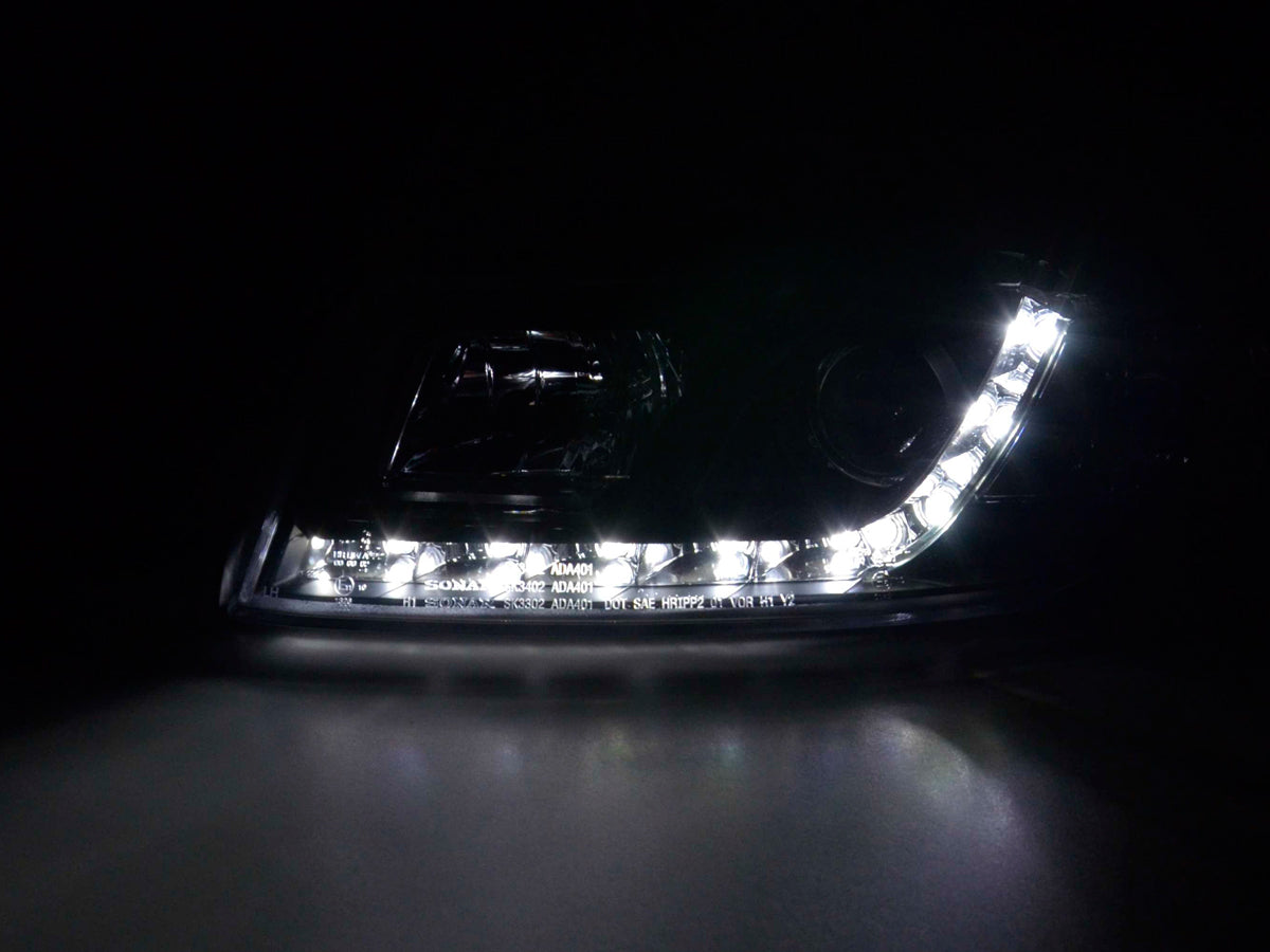 Scheinwerfer Set Daylight LED TFL-Optik Audi A4 Typ 8E 01-04 schwarz Scheinwerfer Set Daylight LED TFL-Optik Audi A4 Typ 8E 01-04 schwarz